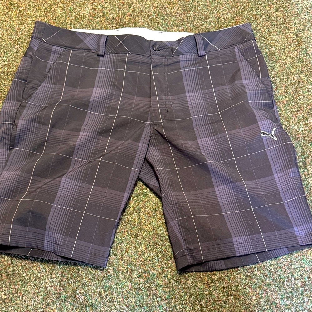 Puma Men's Dark Plaid Flat Front Shorts